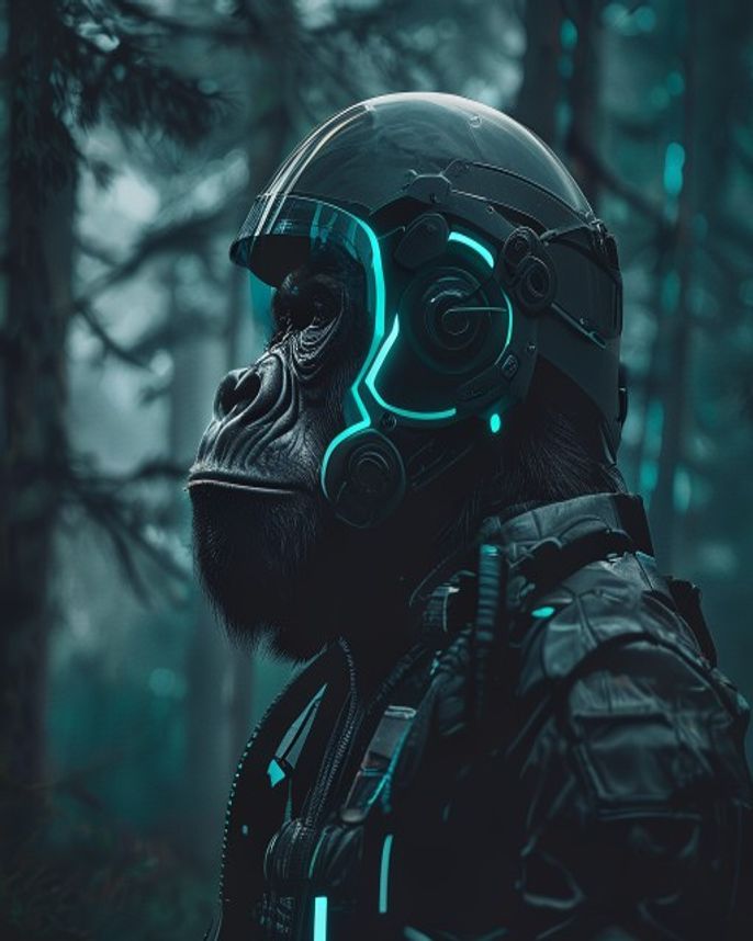 Silverback elmato nel bosco di pini con accenti cyan — emblema Wild Scan